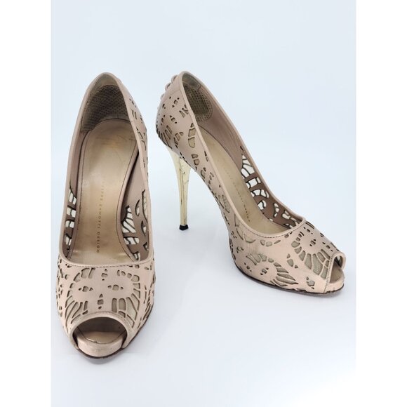 Giuseppe Zanotti Nude Lace Cutout Gold Heels Open Toe Pump Size 39 - Picture 6 of 7